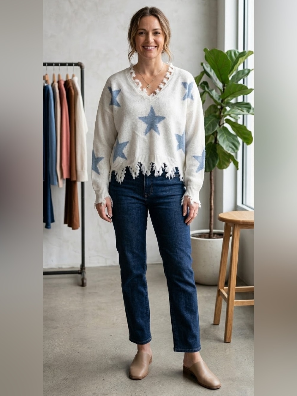 Sweet & Sinful Star Sweatshirt Cream Blue Vintage Y2K Distressed Oversized
